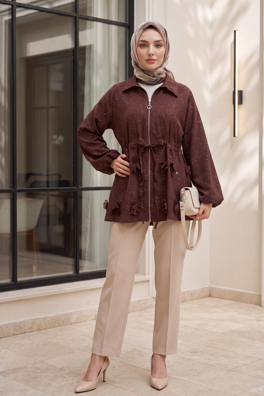 Burgundy Speckled Sequin Drawstring Waist Balloon Sleeve Zip Jacket - Podyumplus - by Peralane - photo 4