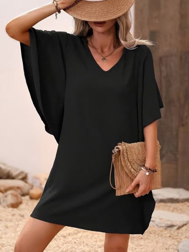 Women's Black V-Neck Short Sleeve Flutter Sleeve Crepe Dress - Janes - by Peralane