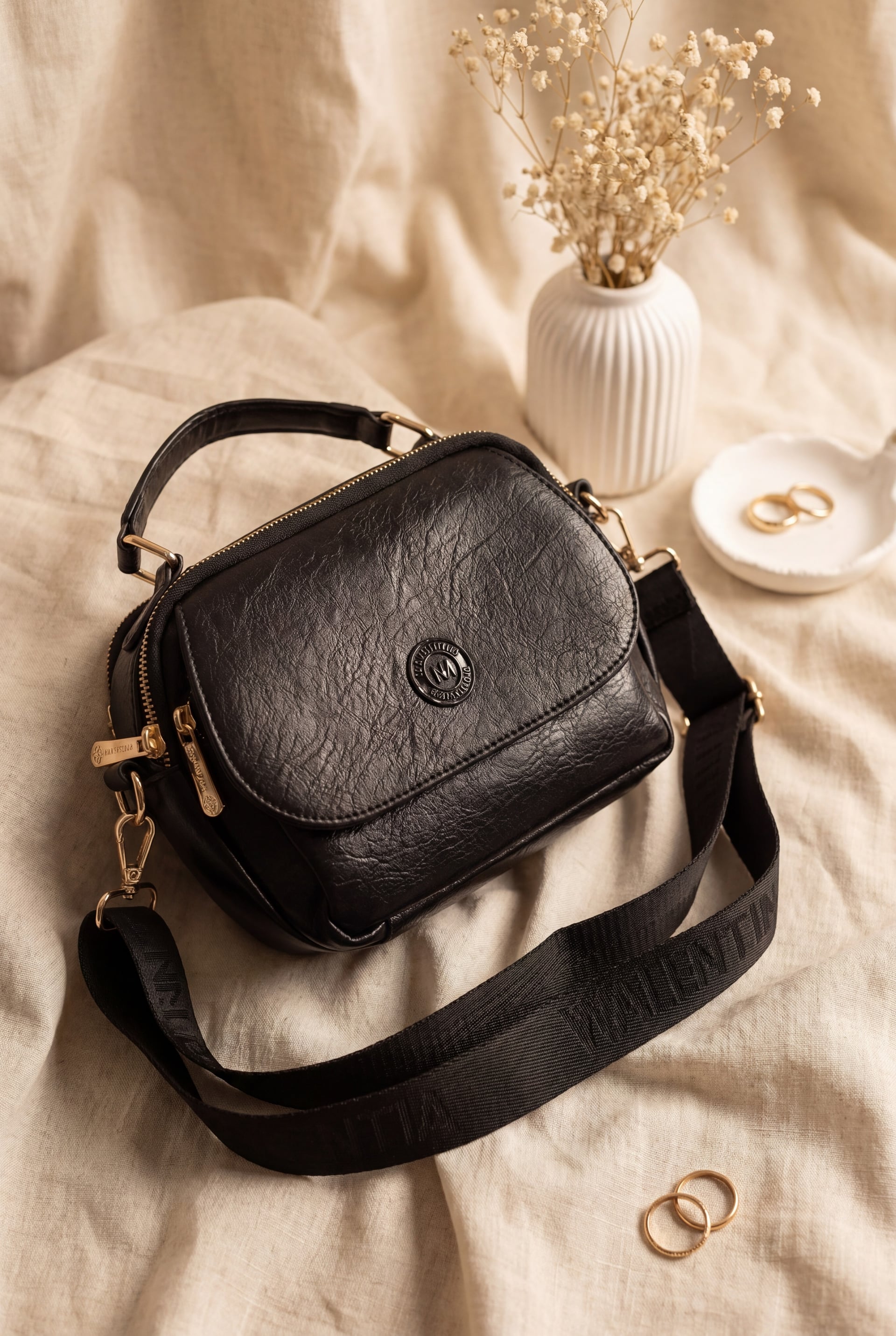 Wide Woven Strap Multi-Compartment Crossbody Women's Bag - Black - Podyumplus - by Peralane