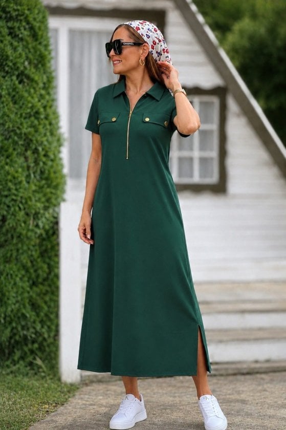 Women's Short Sleeve Collared Zipper Long Viscose Two-Thread Dress in Dark Green - Janes - by Peralane - photo 3
