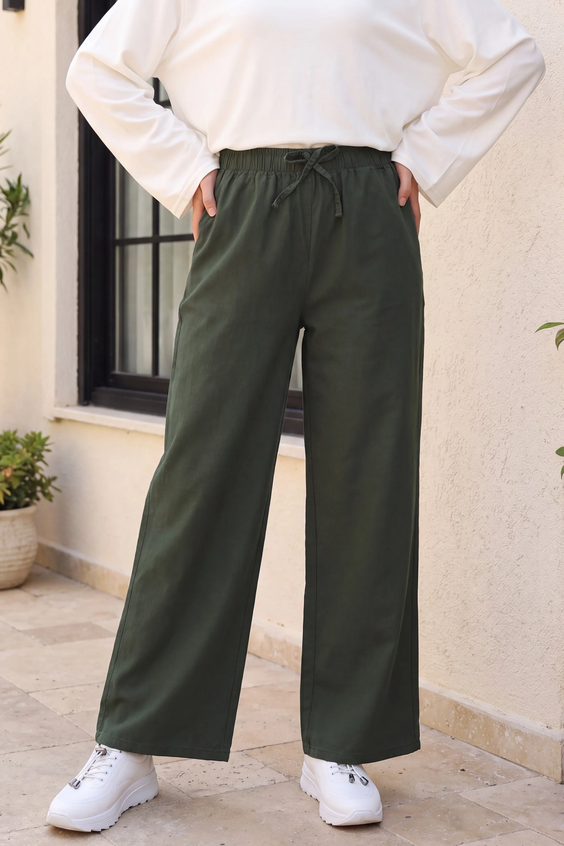 Drawstring Wide-Leg Elasticated Waist Trousers in Khaki - Podyumplus - by Peralane