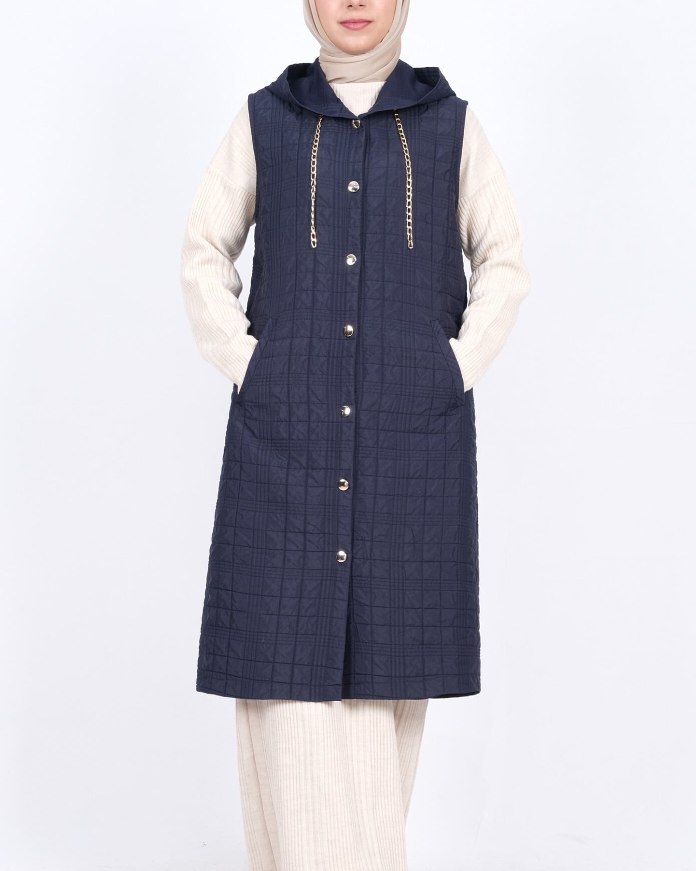 Navy Blue Hooded Quilted Vest with Chain Detail and Pockets - Podyumplus - by Peralane - photo 4