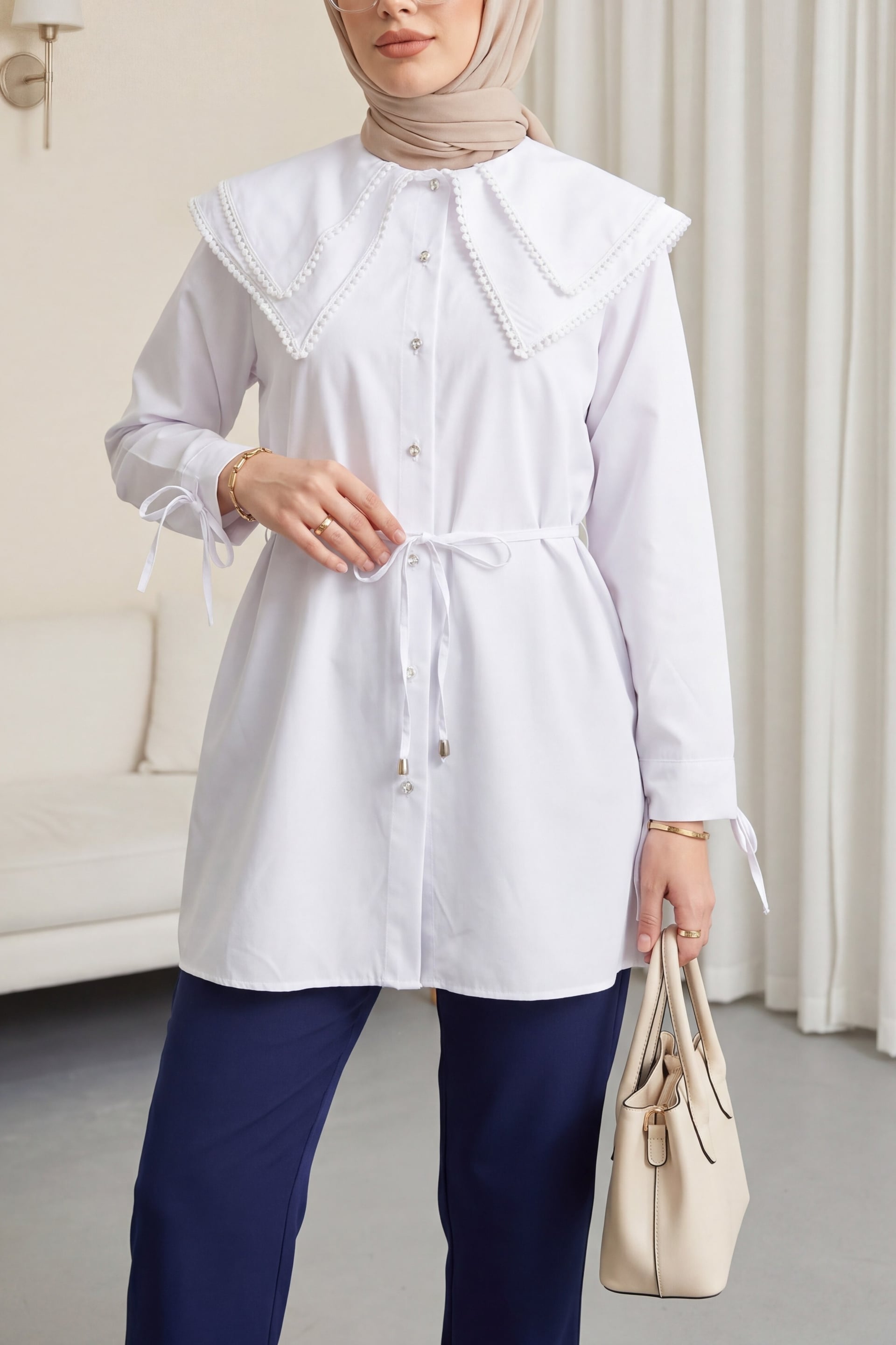 White Lace Collar Poplin Tunic with Tie Waist and Cuffs for Women - Podyumplus - by Peralane