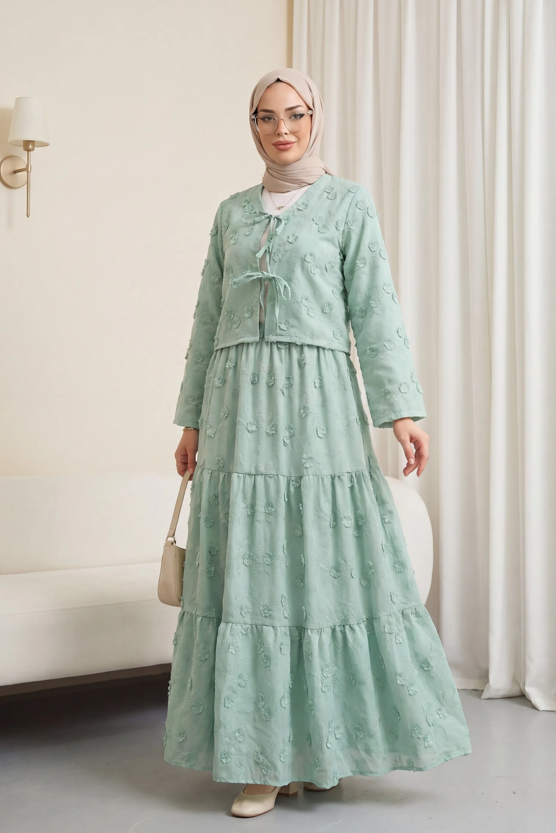 Tie-Front Embroidered Floral Kimono Set with Lined Skirt - Mint Green - Podyumplus - by Peralane