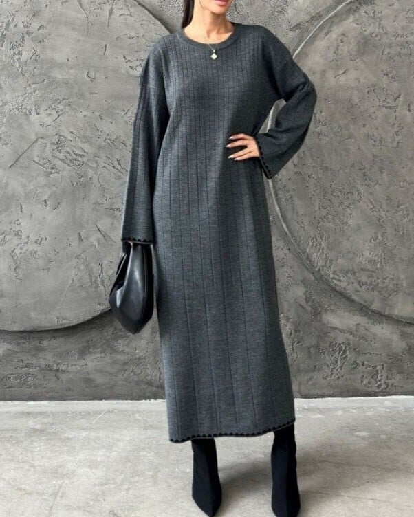 Ribbed Long Knit Dress - Grey - Podyumplus - by Peralane - photo 3
