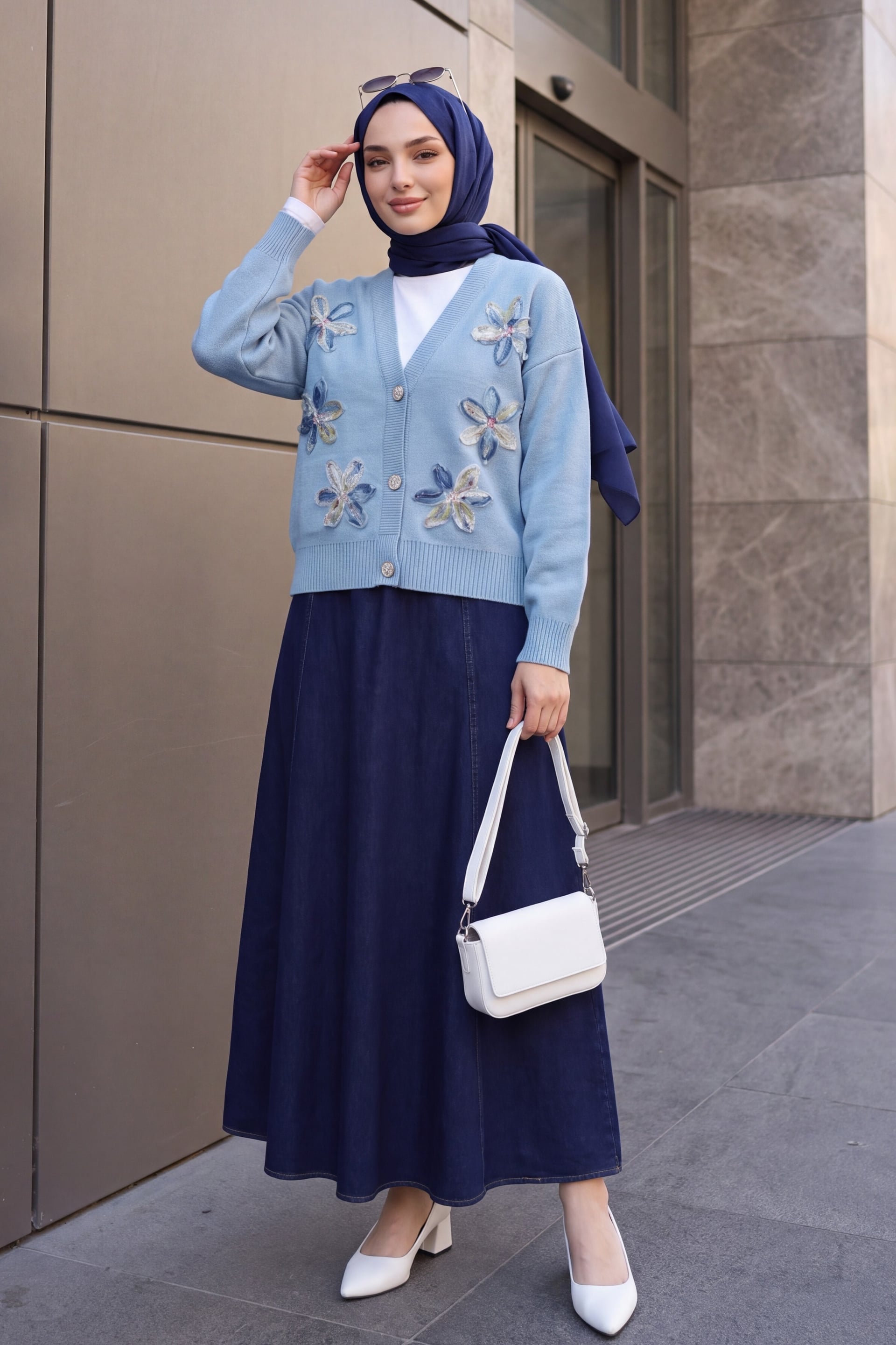 Sequin and Floral Appliqué Button-Front Knit Cardigan - Blue - Podyumplus - by Peralane - photo 2