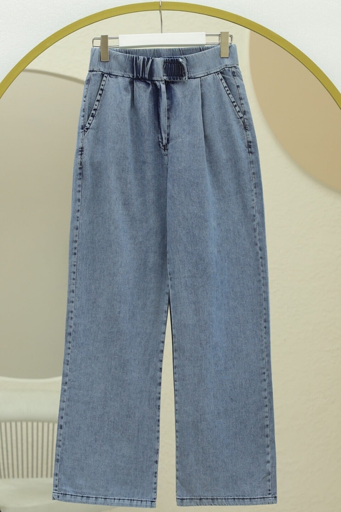Wide Leg Pleated Denim Trousers with Elastic Waist - Ice Blue - Podyumplus - by Peralane - photo 7