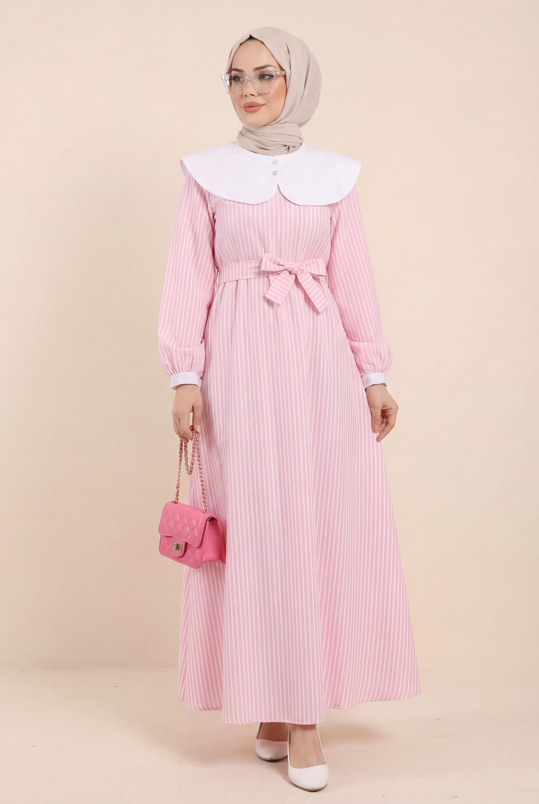 Pink Striped Peter Pan Collar Long Dress with Belt - Podyumplus - by Peralane - photo 2