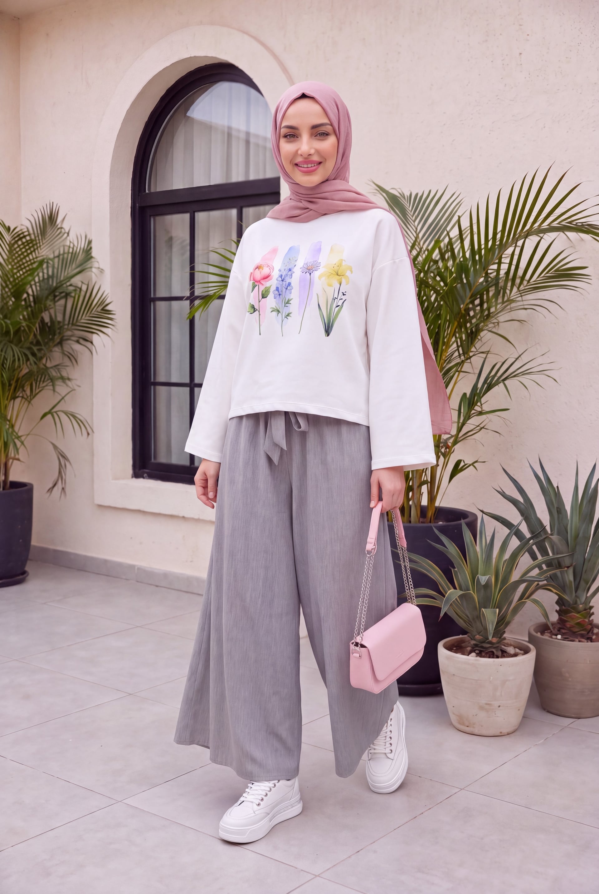 Grey Floral Print Skirt-Look Wide-Leg Trousers with Belt and Pockets - Podyumplus - by Peralane - photo 2