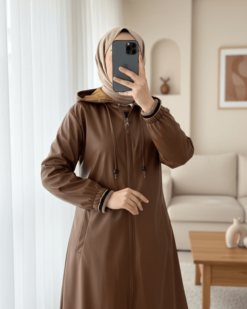 Hooded Zip-Front Faux-Leather Longline Jacket in Tan - Podyumplus - by Peralane