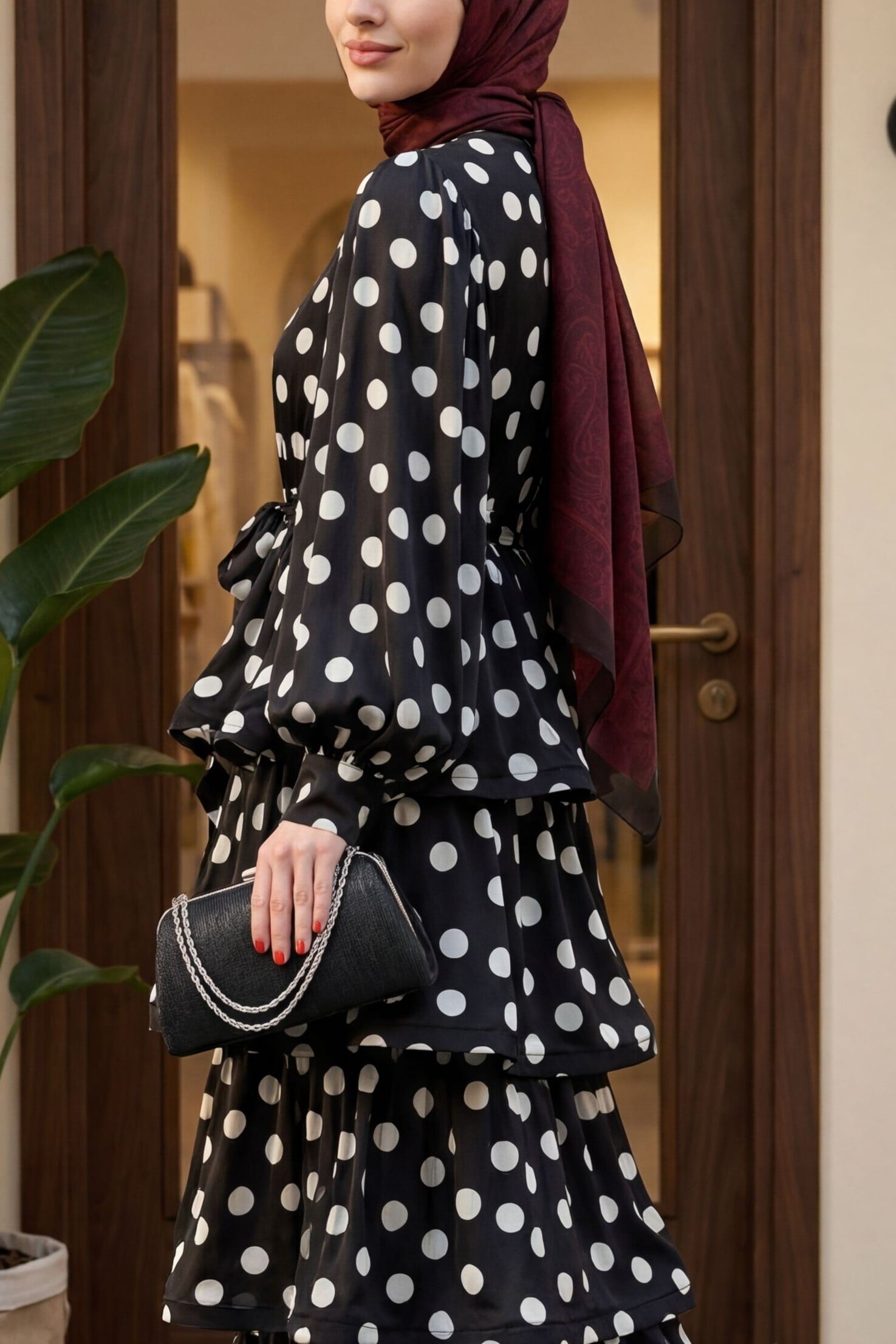 Polka Dot Tiered Button Tie Waist Batwing Sleeve Satin Dress - Black - Podyumplus - by Peralane - photo 6