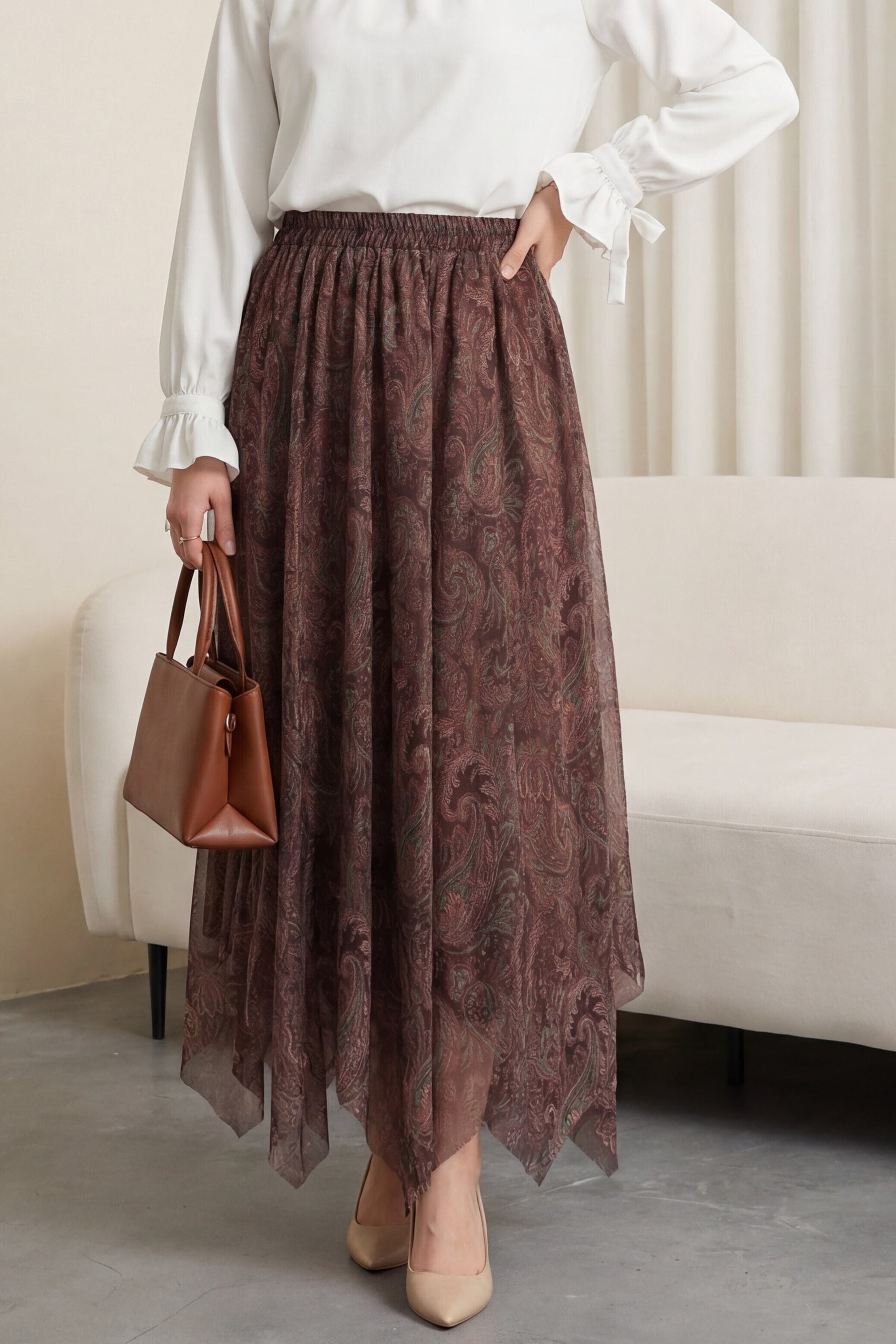 Elastic Waist Patterned Lined Chiffon Skirt - Brown - Podyumplus - by Peralane
