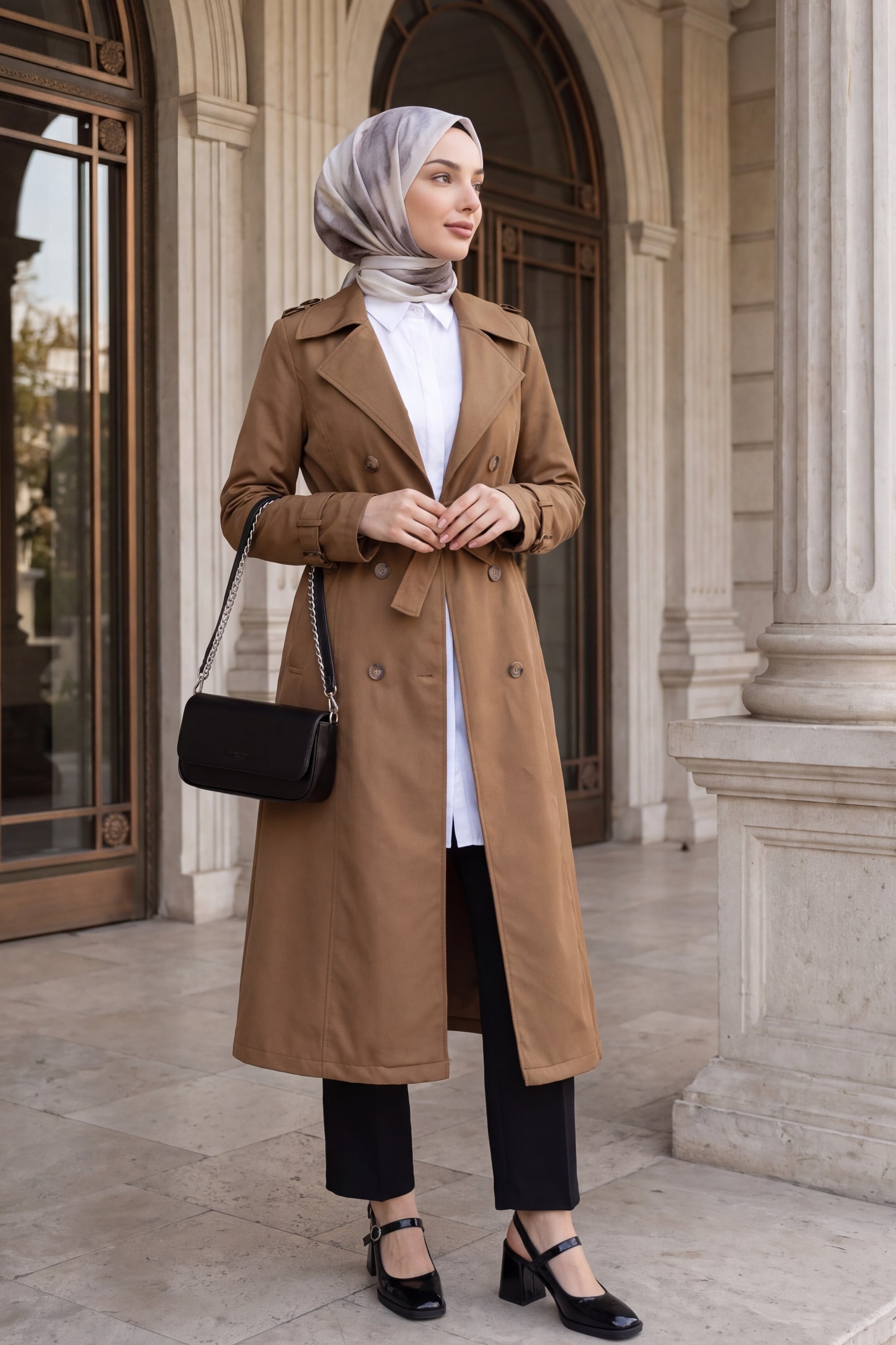 Lined Belted Trench Coat in Tan - Podyumplus - by Peralane - photo 3