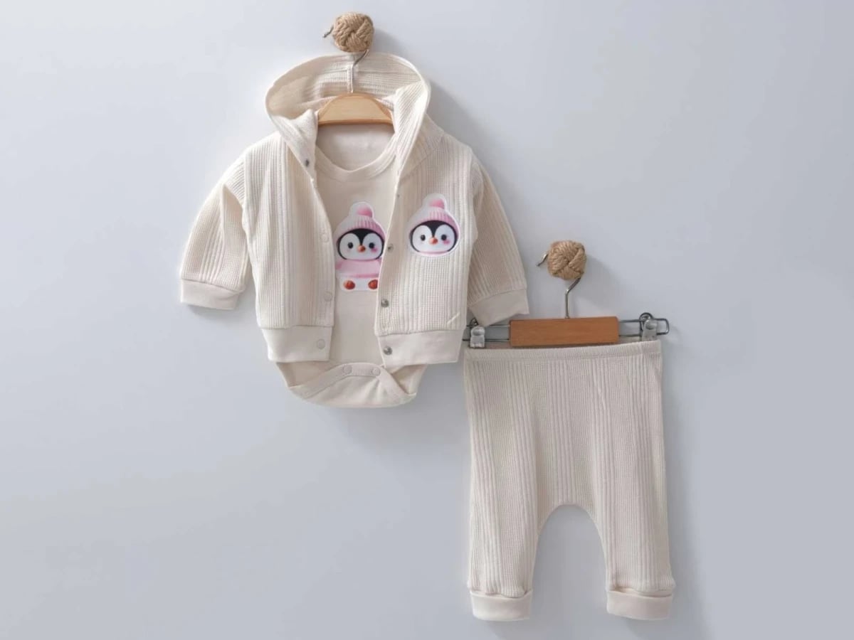 Unisex Baby Penguin Print Hooded Cardigan, Bodysuit and Pants Set - Nayinom - by Peralane