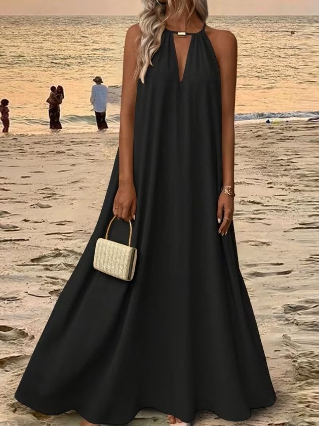 Women's Sleeveless Black Maxi Dress with Halter Neck and Gold-Tone Detail - Janes - by Peralane