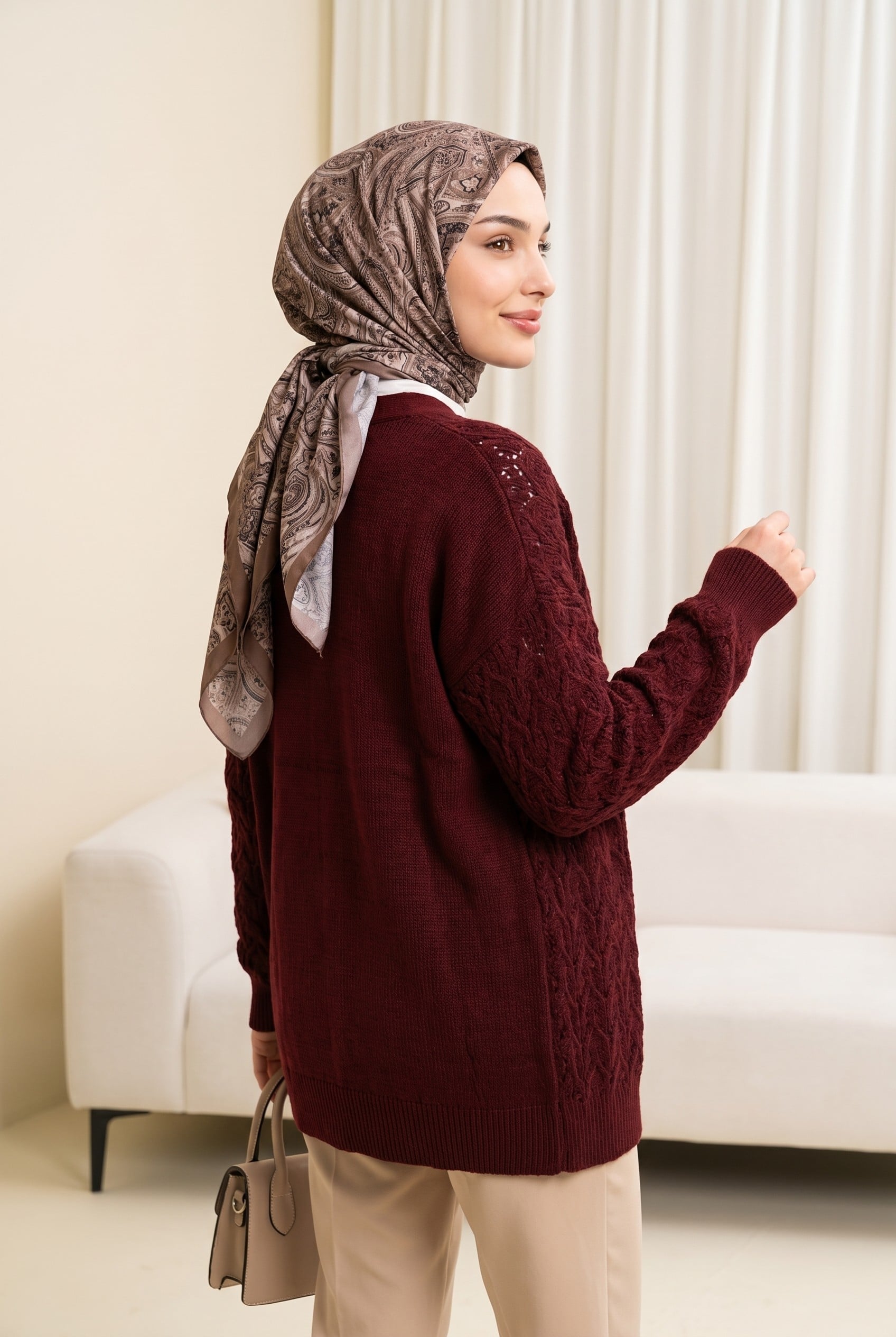 Burgundy Open-Front Textured Knit Cardigan for Women - Podyumplus - by Peralane - photo 3
