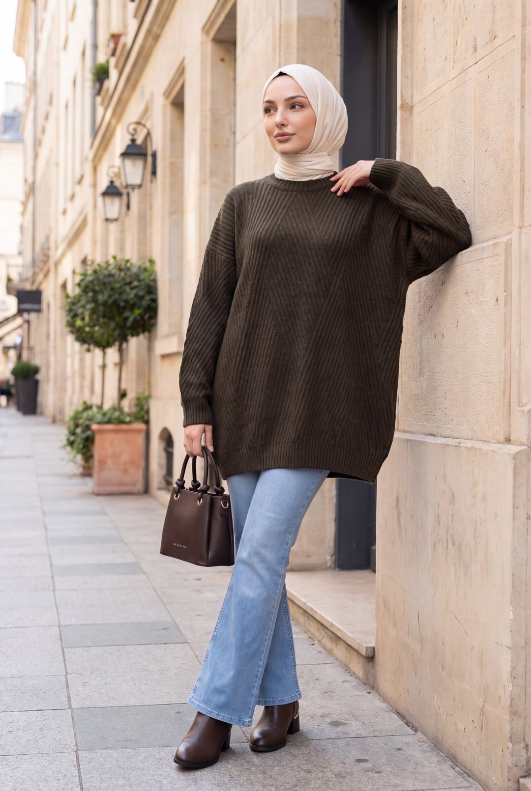 Mock Neck Patterned Relaxed Fit Knit Tunic - Dark Brown - Podyumplus - by Peralane - photo 4