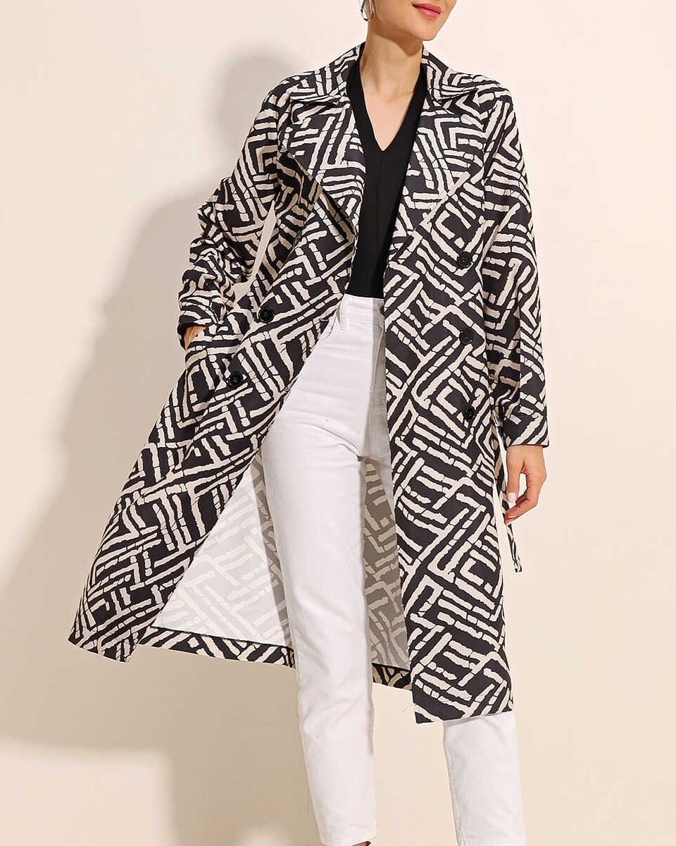 Black and Cream Abstract Print Double-Breasted Belted Trench Coat - Bigdart - by Peralane - photo 7