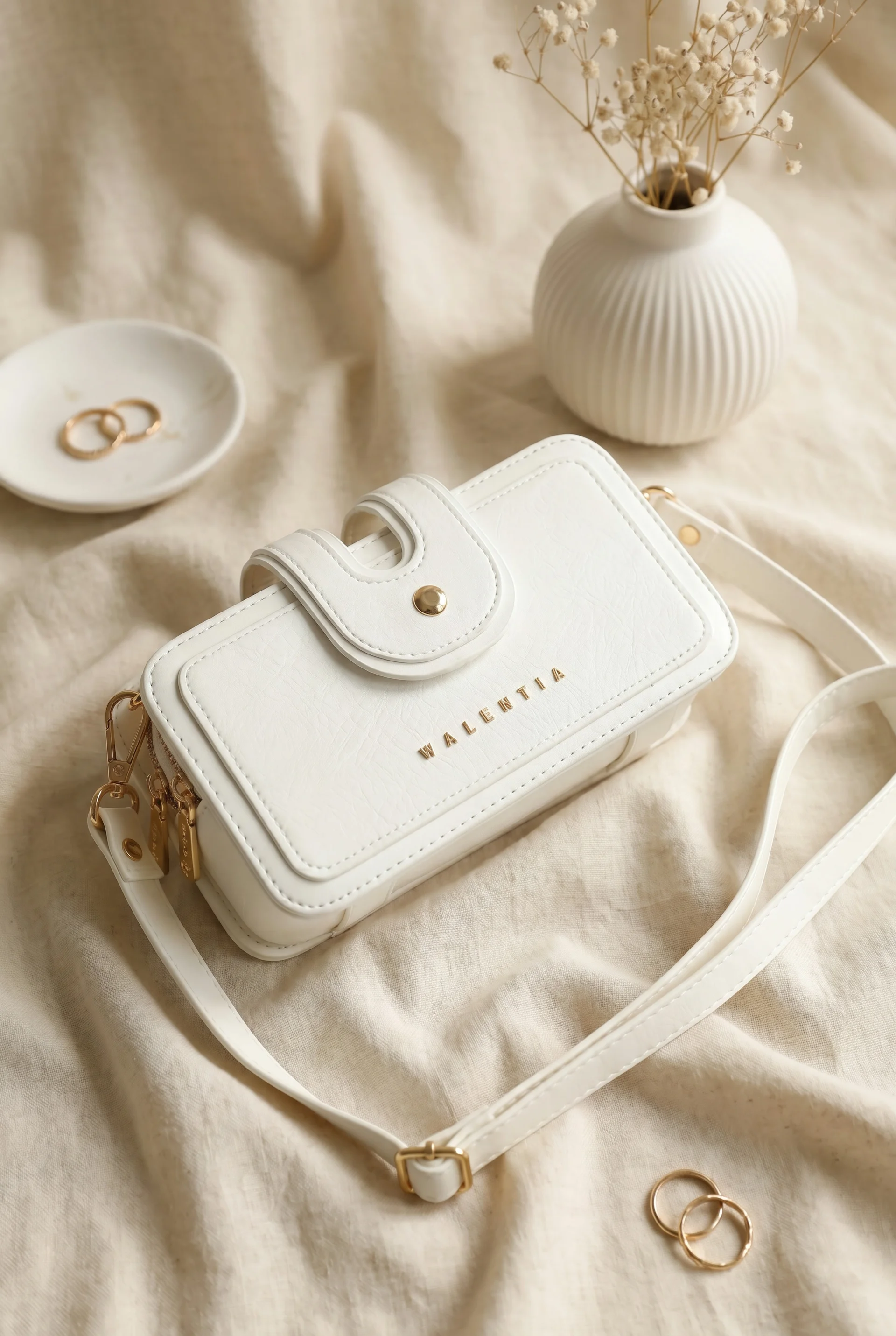 White Multi-Functional Hand and Shoulder Bag with Gold Details - Podyumplus - by Peralane