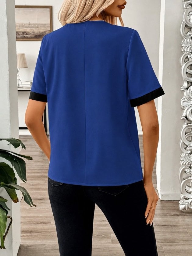 Women's Short Sleeve Asymmetric Collar Buttoned Blouse - Janes - by Peralane - photo 4