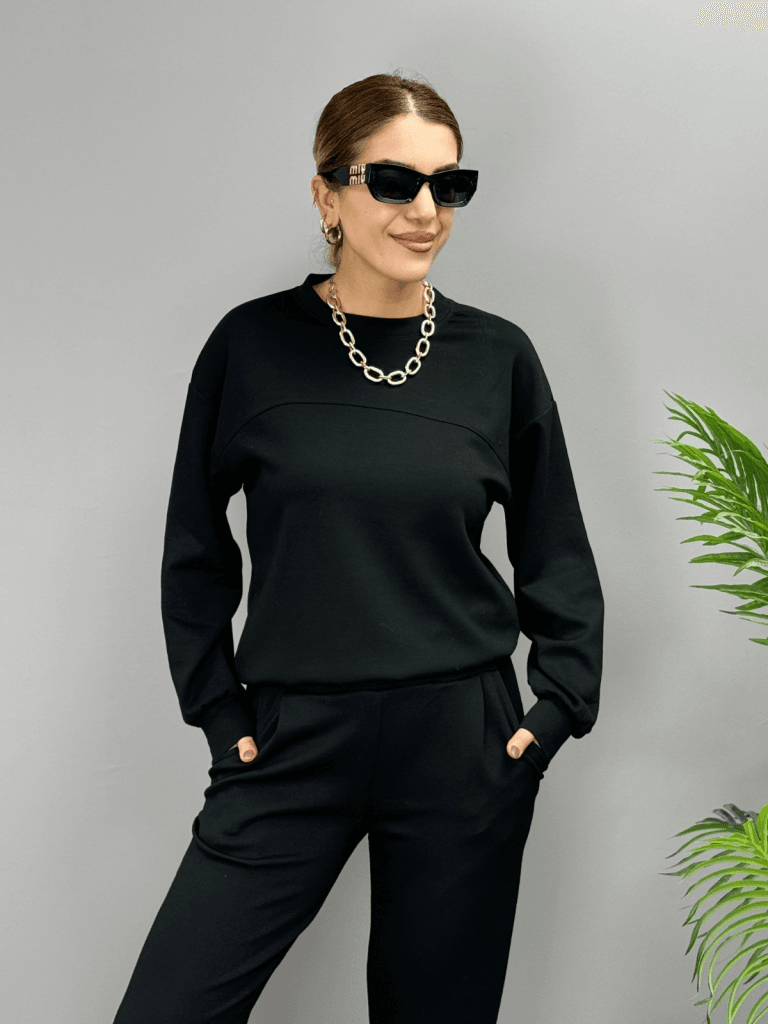Black Viscose Two-Thread Long Sleeve Crew Neck Sweatshirt and Trousers Set - Janes - by Peralane - photo 2