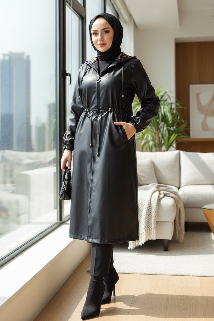 Black Hooded Faux Leather Jacket with Drawstring Waist - Podyumplus - by Peralane