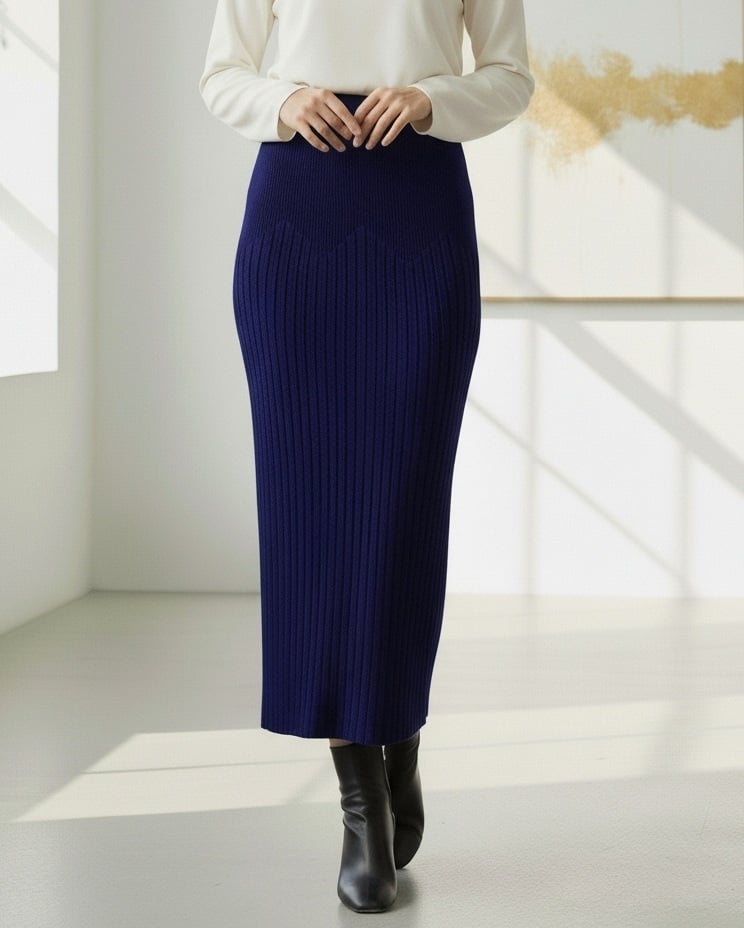 Ribbed Knit Midi Skirt with Elastic Waistband - Navy Blue - Podyumplus - by Peralane - photo 3