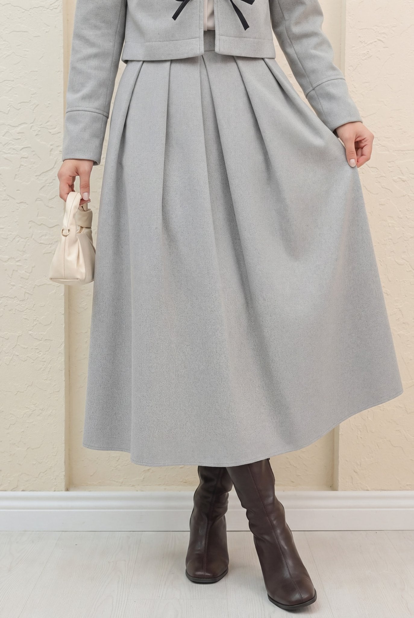 Pleated Zip Cashmere Effect Skirt - Light Grey - Podyumplus - by Peralane - photo 5
