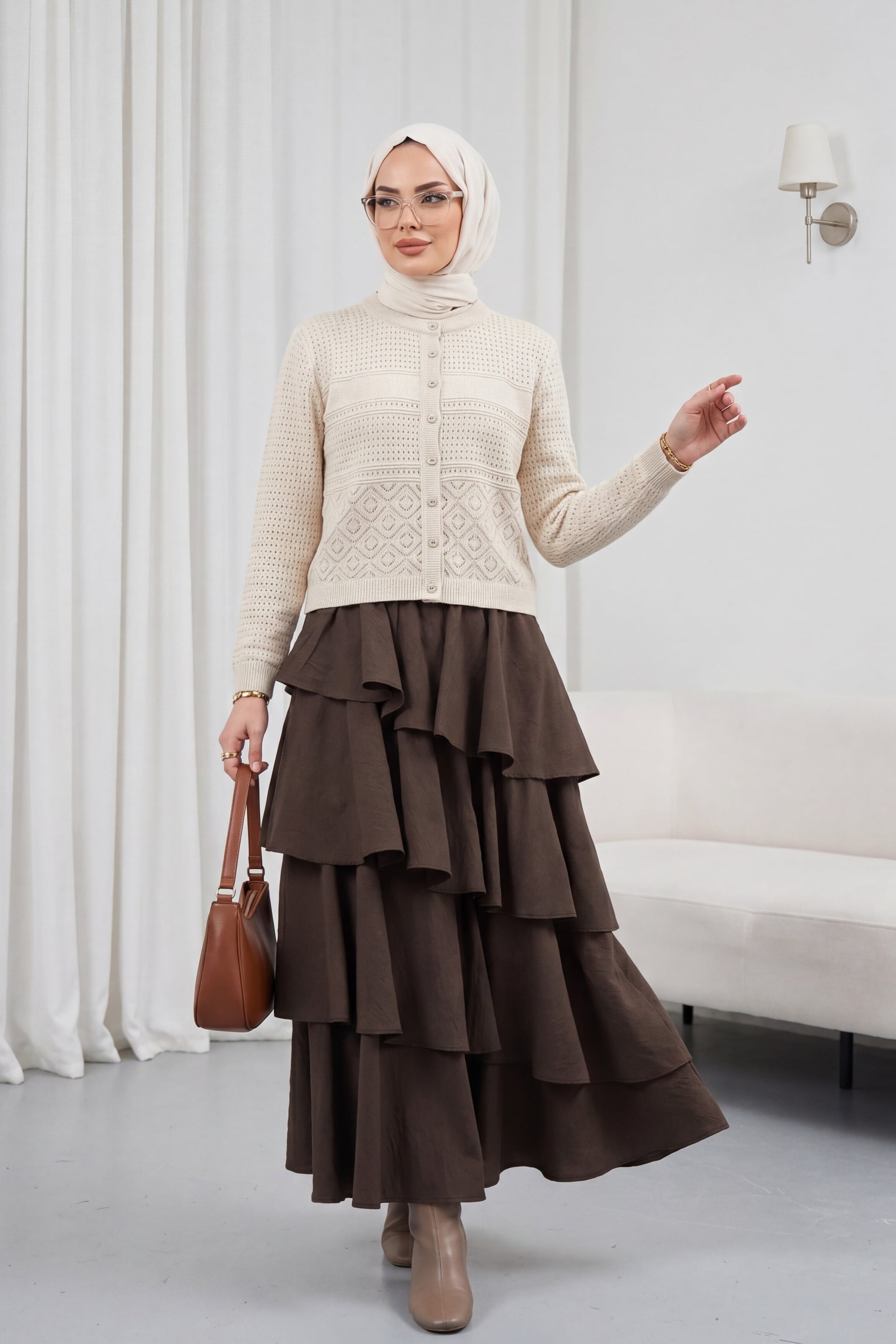 Round Neck Openwork Button Cardigan - Stone - Podyumplus - by Peralane - photo 3