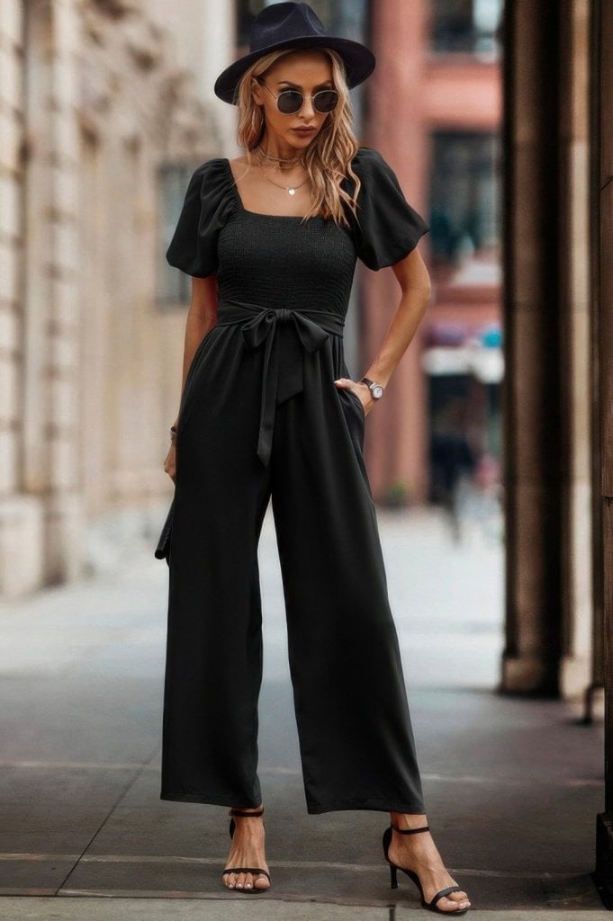 Women's Black Wide-Leg Jumpsuit with Puffed Short Sleeves and Square Neckline - Janes - by Peralane