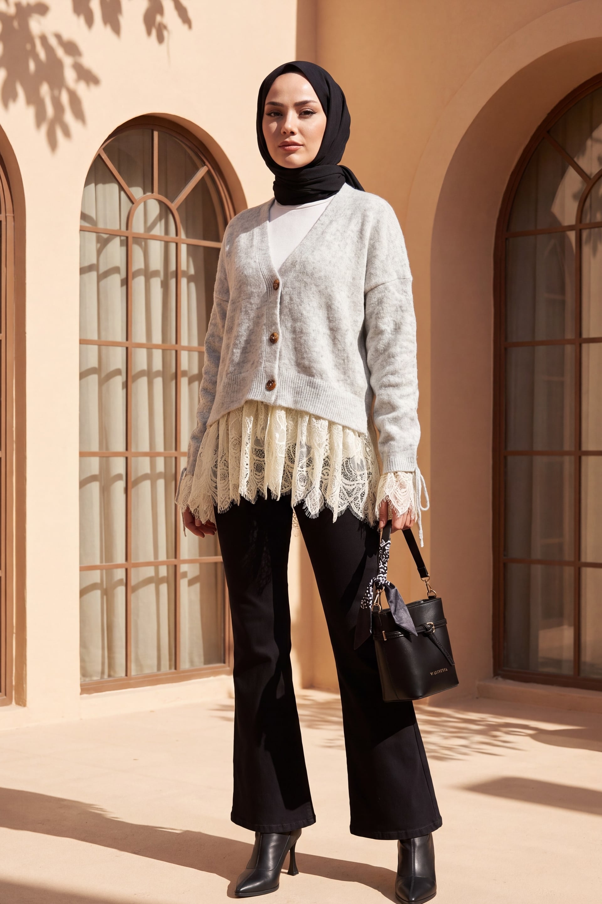 Light Grey Knit Cardigan with Lace Trim and Tied Cuffs - Podyumplus - by Peralane - photo 5