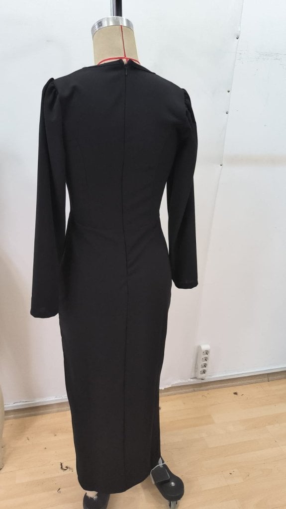 Women's Long-Sleeved V-Neck Rhinestone Side Slit Crepe Dress - Janes - by Peralane - photo 7
