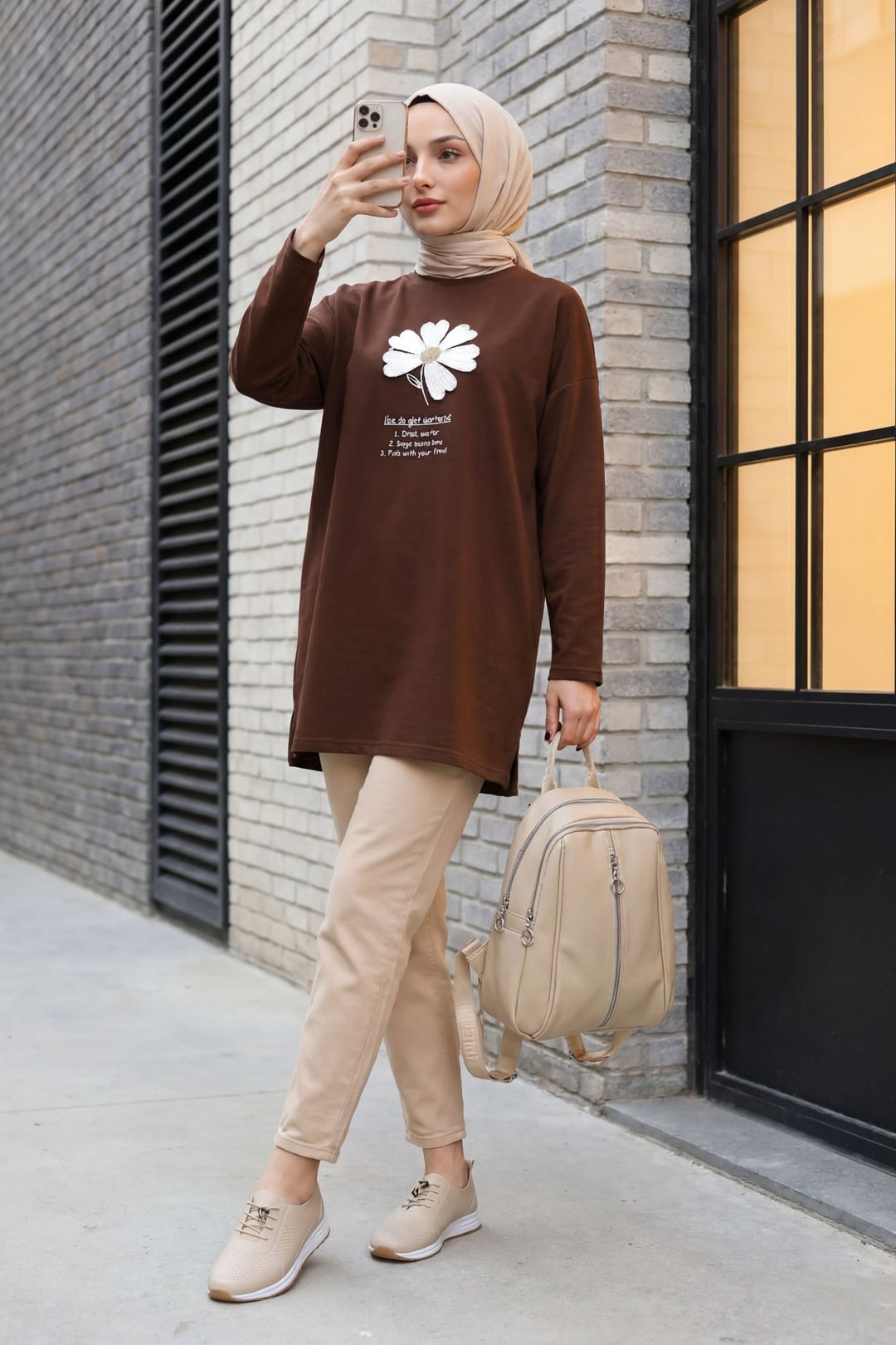 Women's Brown Floral Embroidered Crew Neck Jersey Tunic - Podyumplus - by Peralane