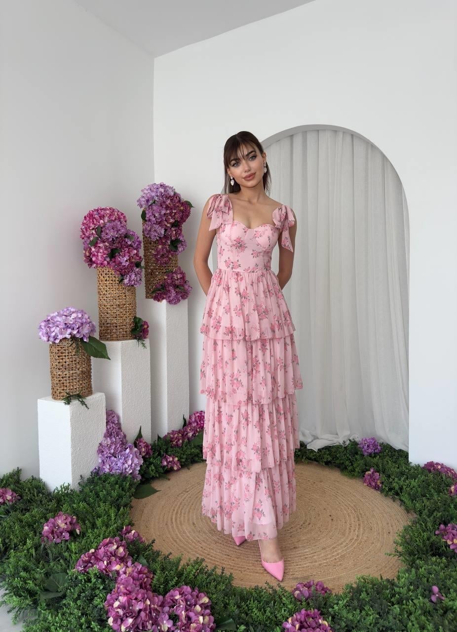 Pink Floral Tiered Dress with Tie Shoulders - Etika - by Peralane - photo 4
