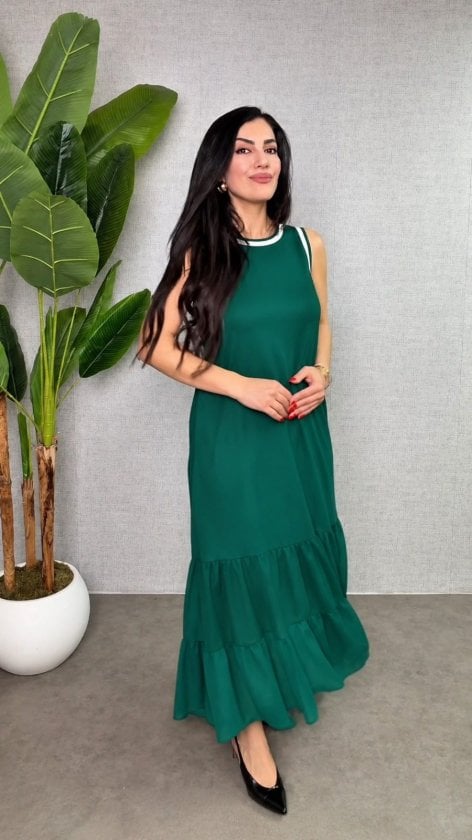 Women's Sleeveless Round Neck Long Viscose Dress with Chiffon Hem Detail - Janes - by Peralane - photo 3
