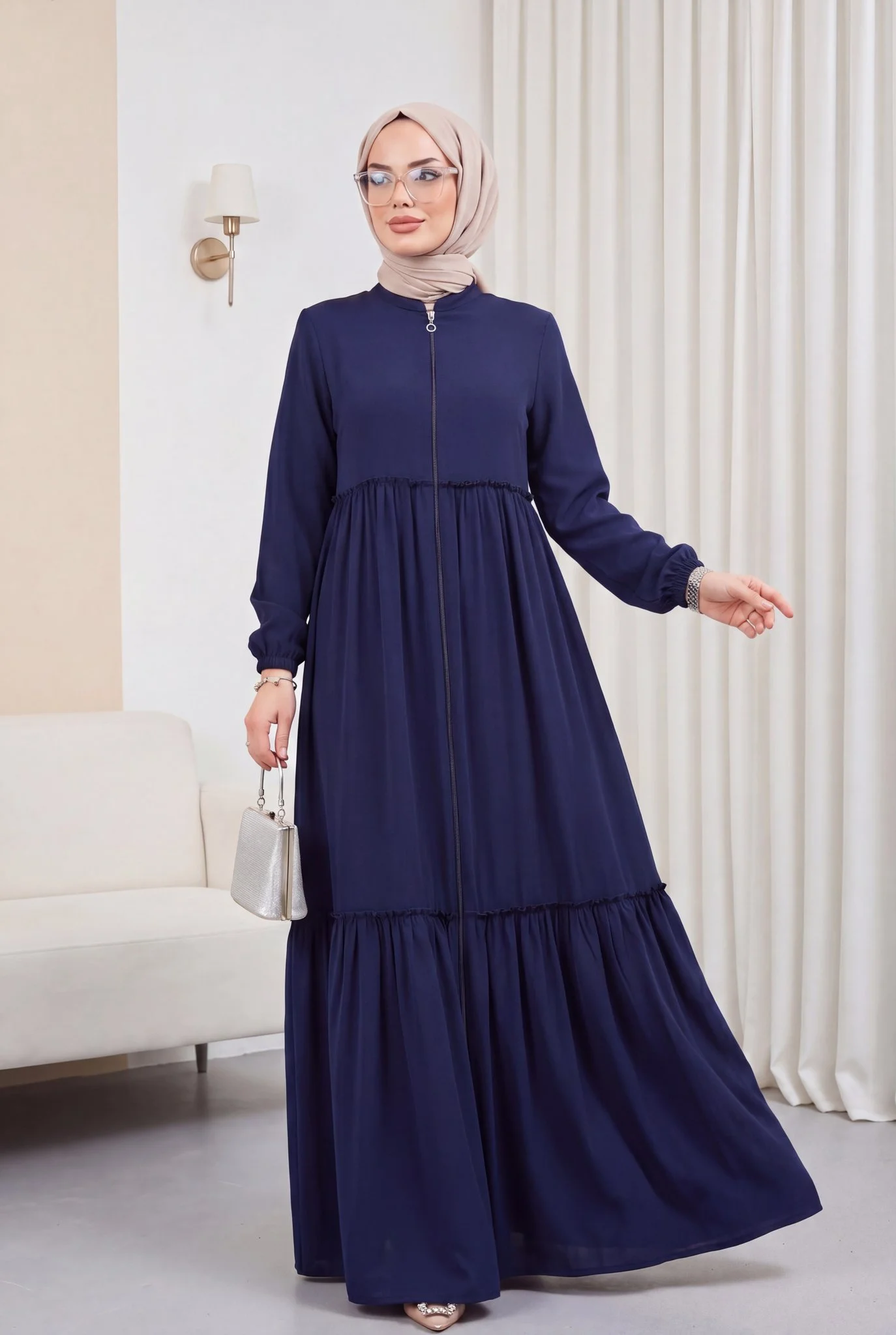 Navy Blue Long-Sleeved Modest Dress with Full-Length Zip and Tiered Ruffled Hem - Podyumplus - by Peralane - photo 3