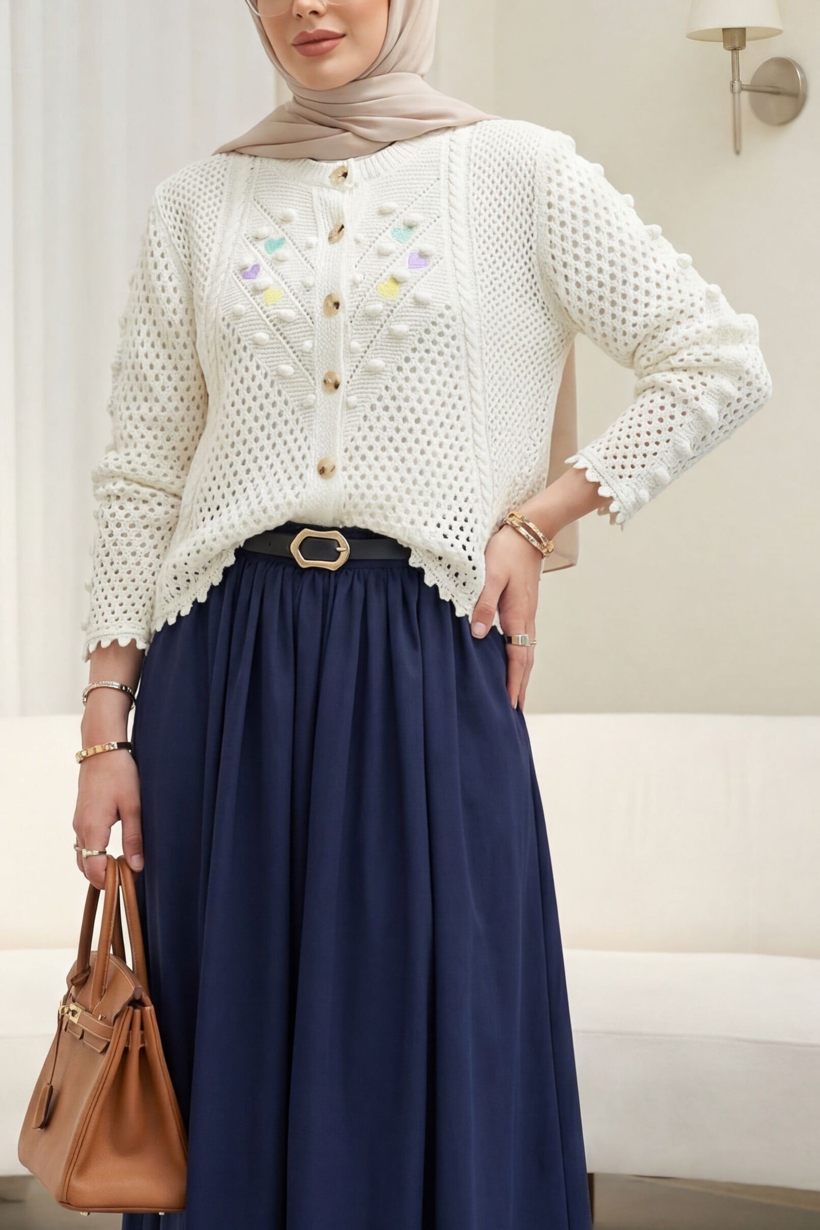 Cream Knit Cardigan with Heart Embroidery and Pompoms - Podyumplus - by Peralane