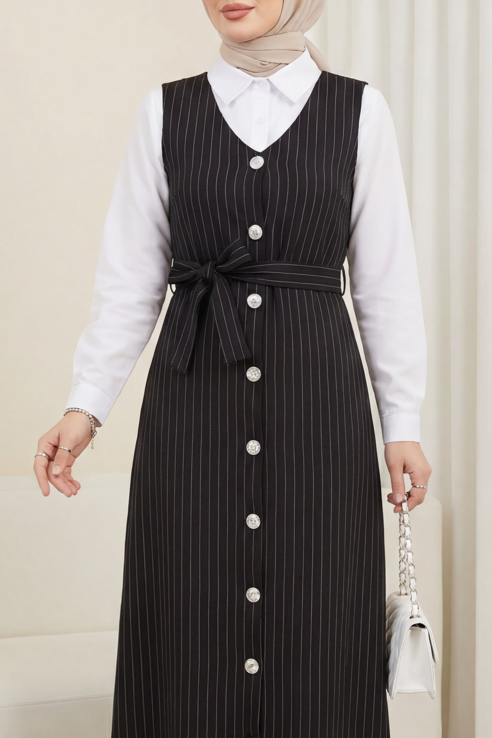 Black Pinstripe V-Neck Button-Front Belted Jile Dress - Podyumplus - by Peralane - photo 2