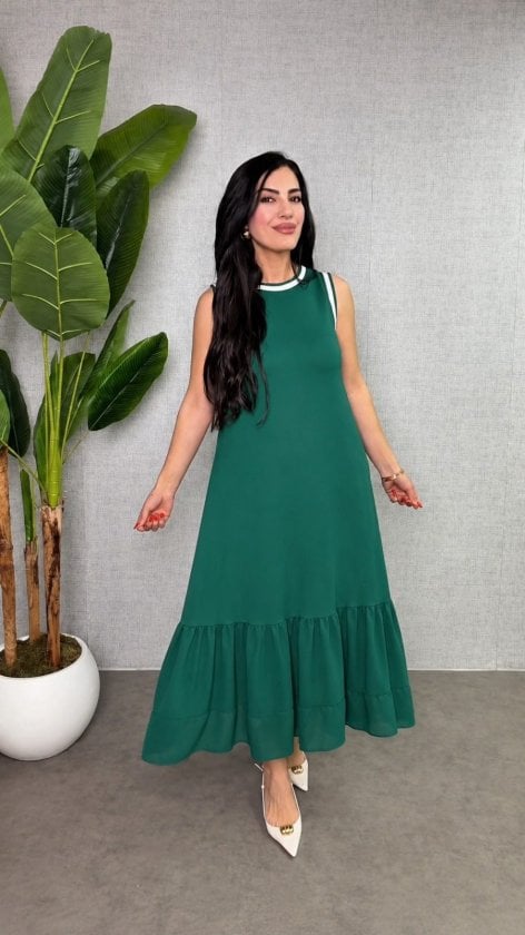 Women's Sleeveless Round Neck Long Viscose Dress with Chiffon Hem Detail - Janes - by Peralane