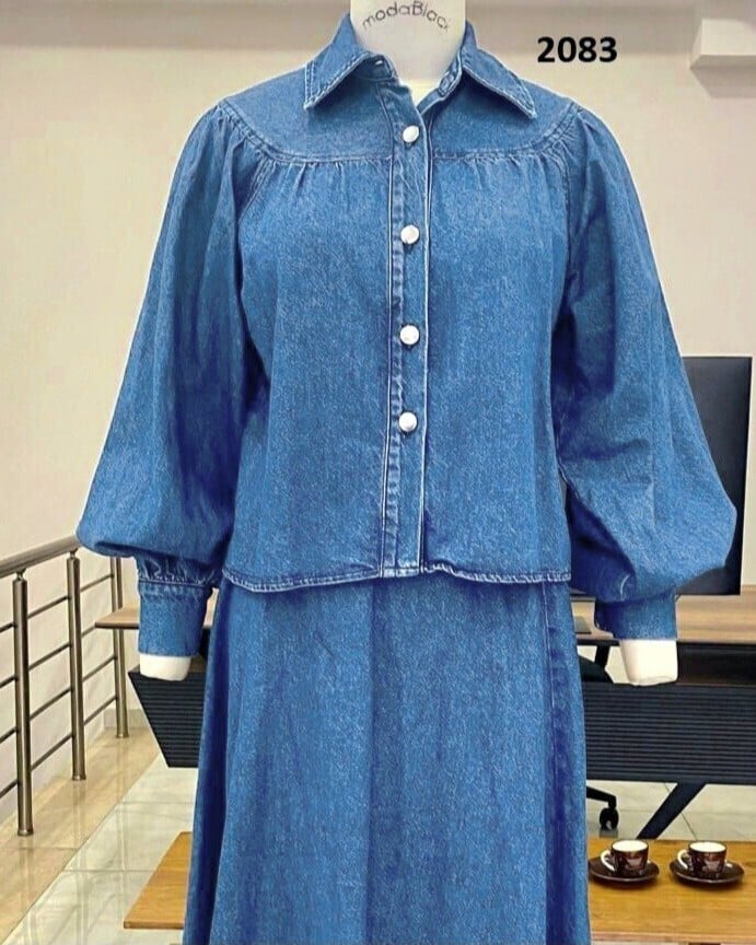 Women's Belted Button-Front Denim Skirt Suit - Indigo - Podyumplus - by Peralane - photo 4