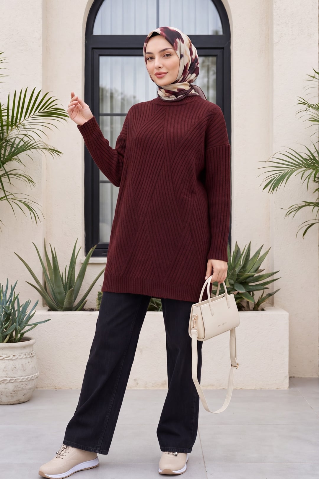Textured Knit Diamond Pattern Tunic - Plum - Podyumplus - by Peralane - photo 5