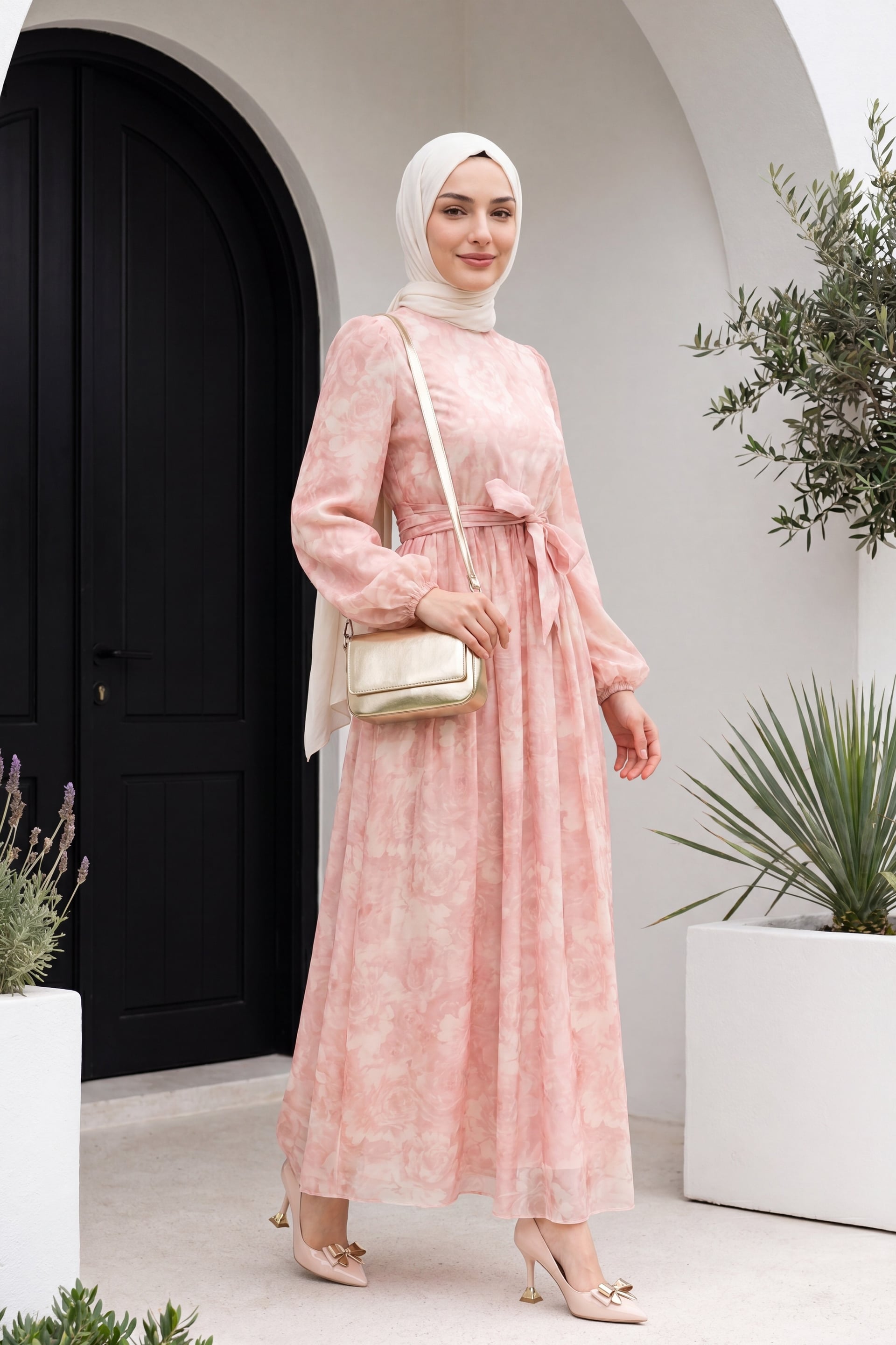 Pink Belted Balloon Sleeve Lined Tulle Voile Maxi Dress - Podyumplus - by Peralane - photo 4