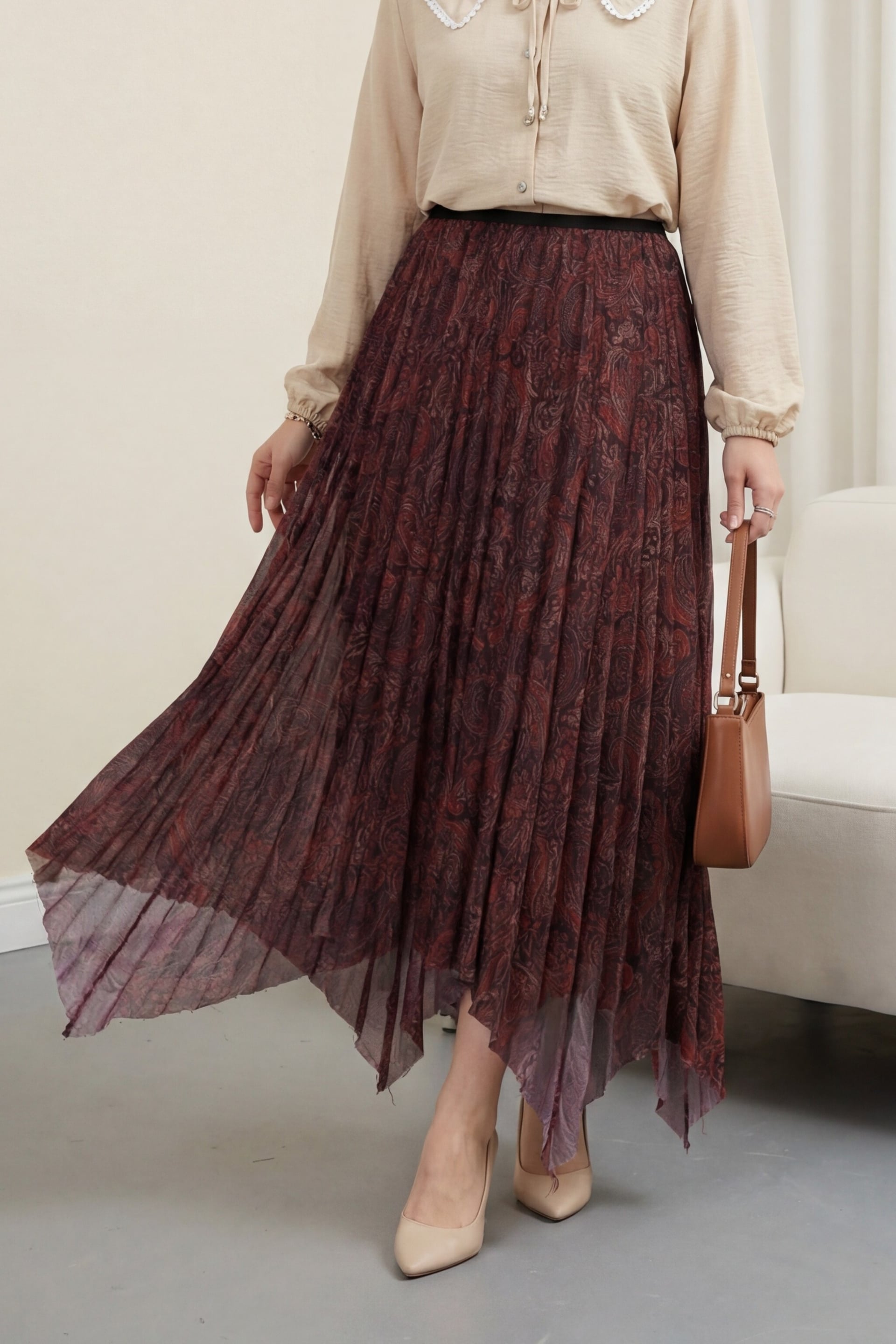 Mixed Print Elastic Waist Asymmetric Lined Tulle Skirt - Bordeaux - Podyumplus - by Peralane - photo 6