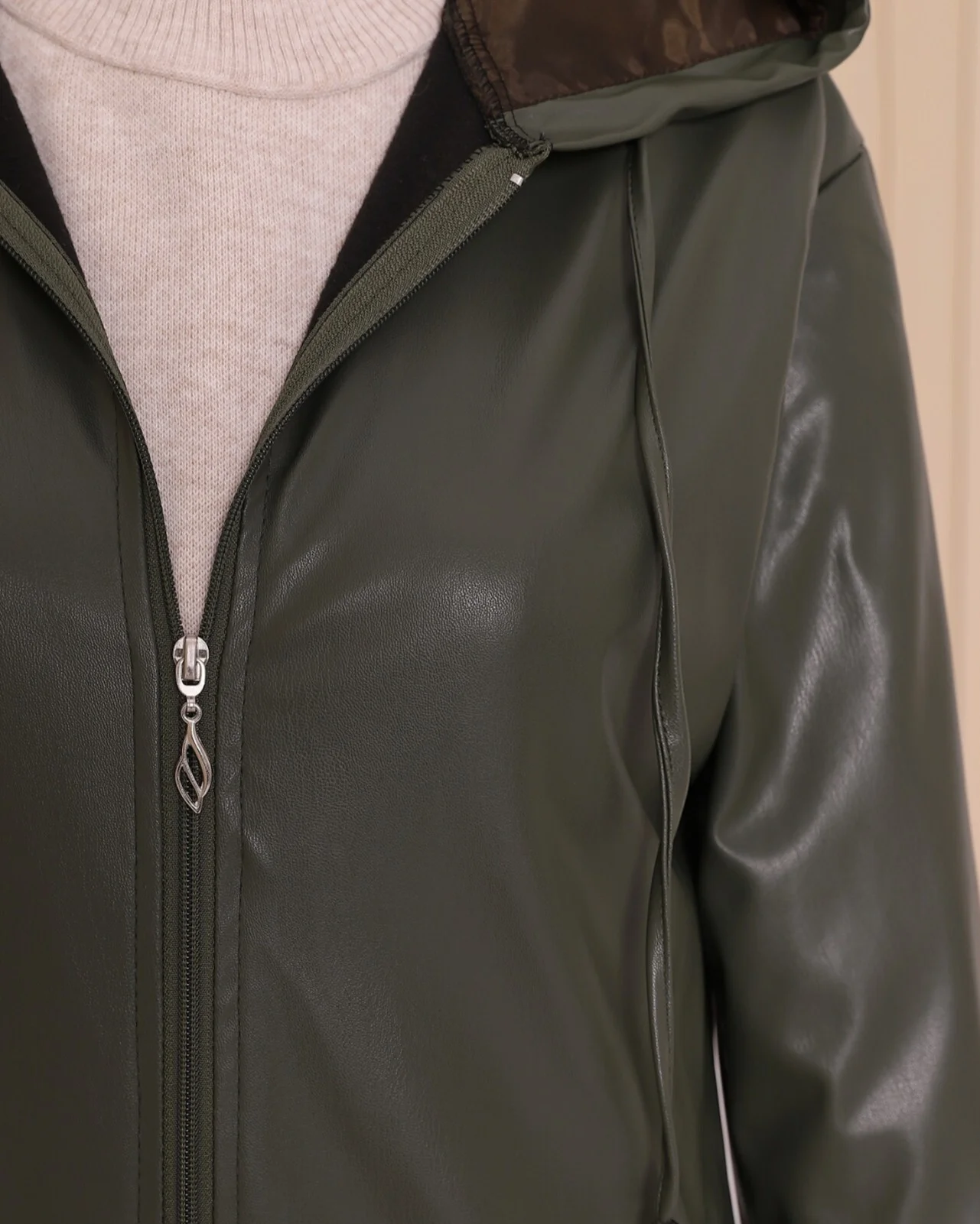 Hooded Zip-Up Faux Leather Long Jacket in Khaki - Podyumplus - by Peralane - photo 6