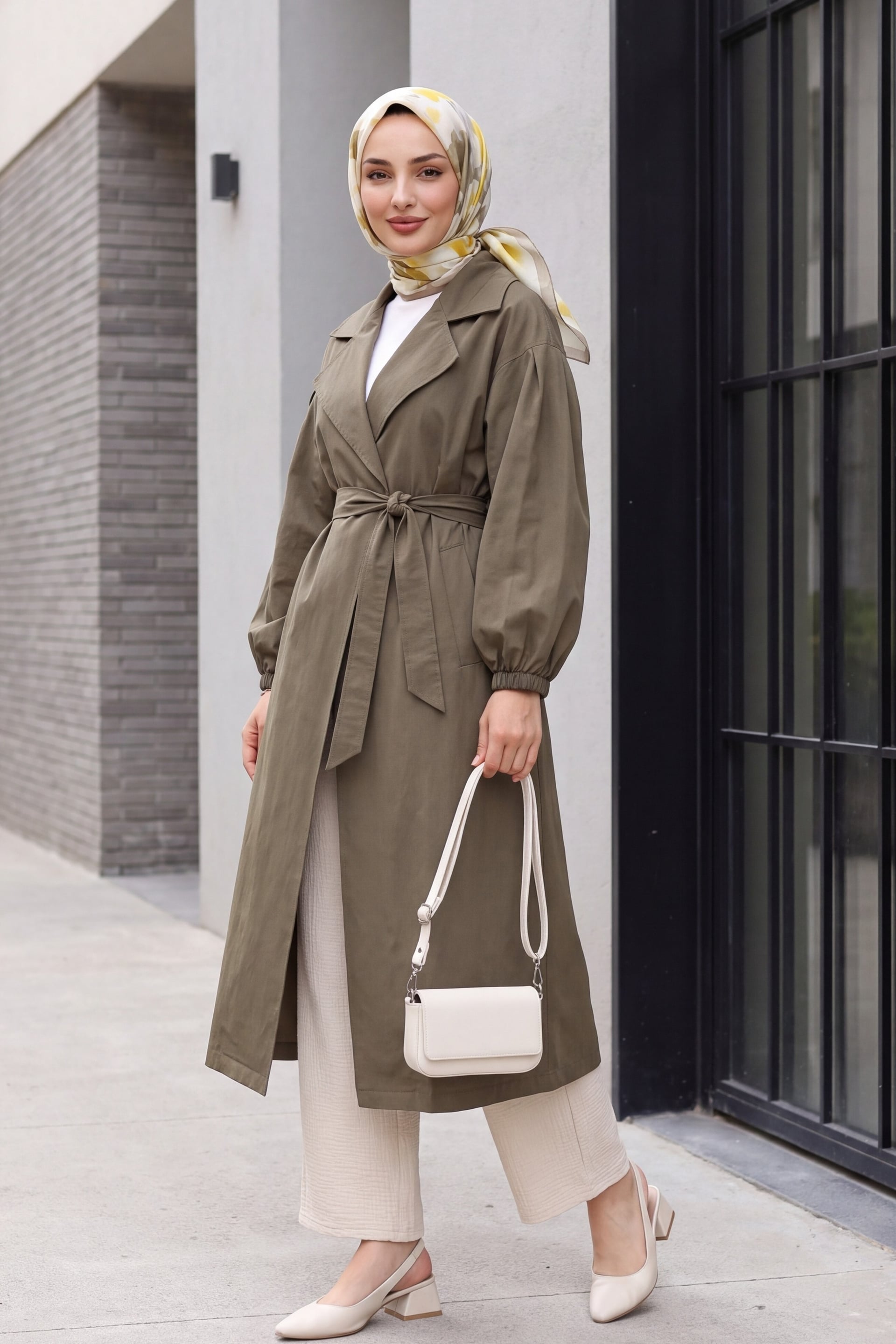 Elasticated Sleeve Tie Waist Lined Trench Coat in Olive Green - Podyumplus - by Peralane - photo 2
