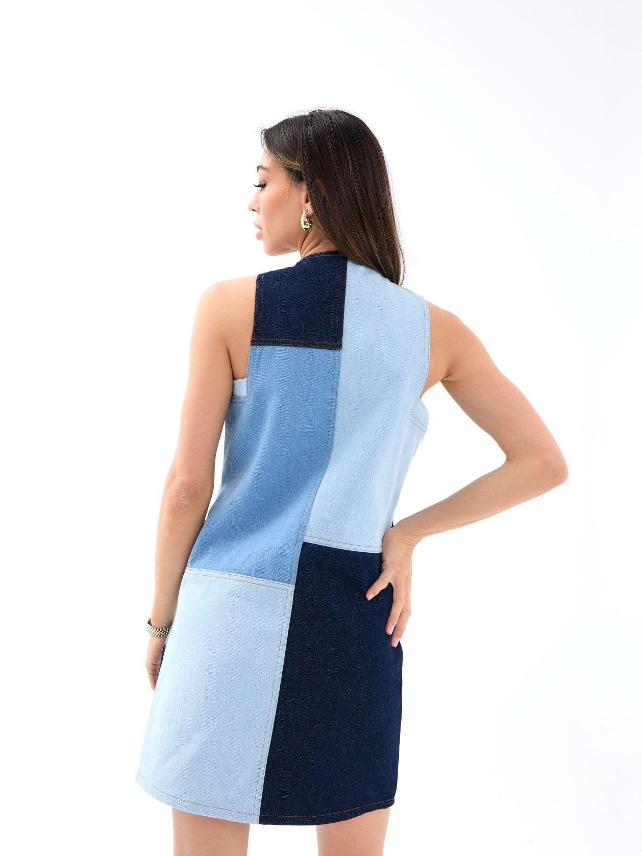 Women's Blue Denim Patchwork Sleeveless Dress - Fame - by Peralane - photo 4