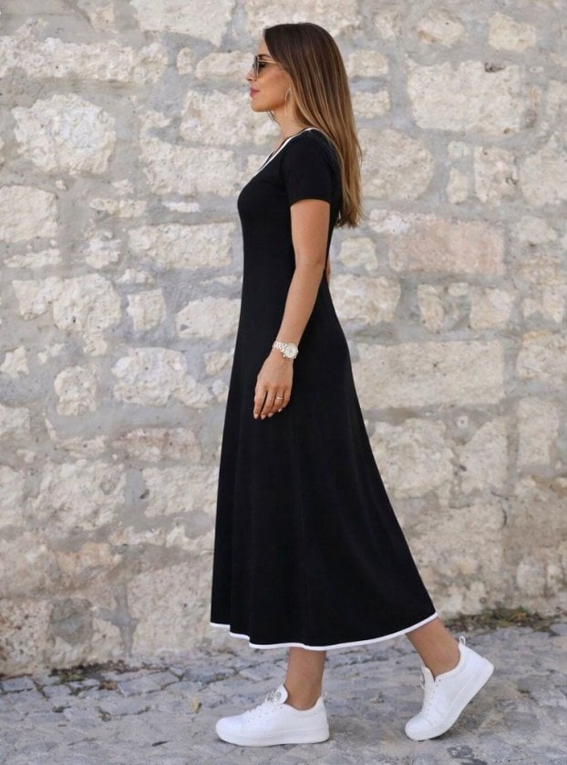 Women's Short Sleeve Round Neck Midi Dress with Contrast Trim - Janes - by Peralane - photo 2