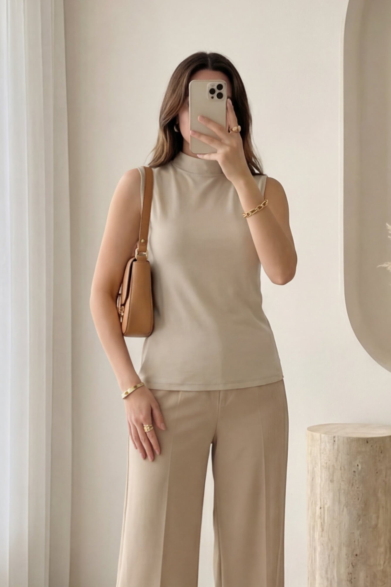 Beige Mock Neck Sleeveless Knit Top - Podyumplus - by Peralane - photo 2