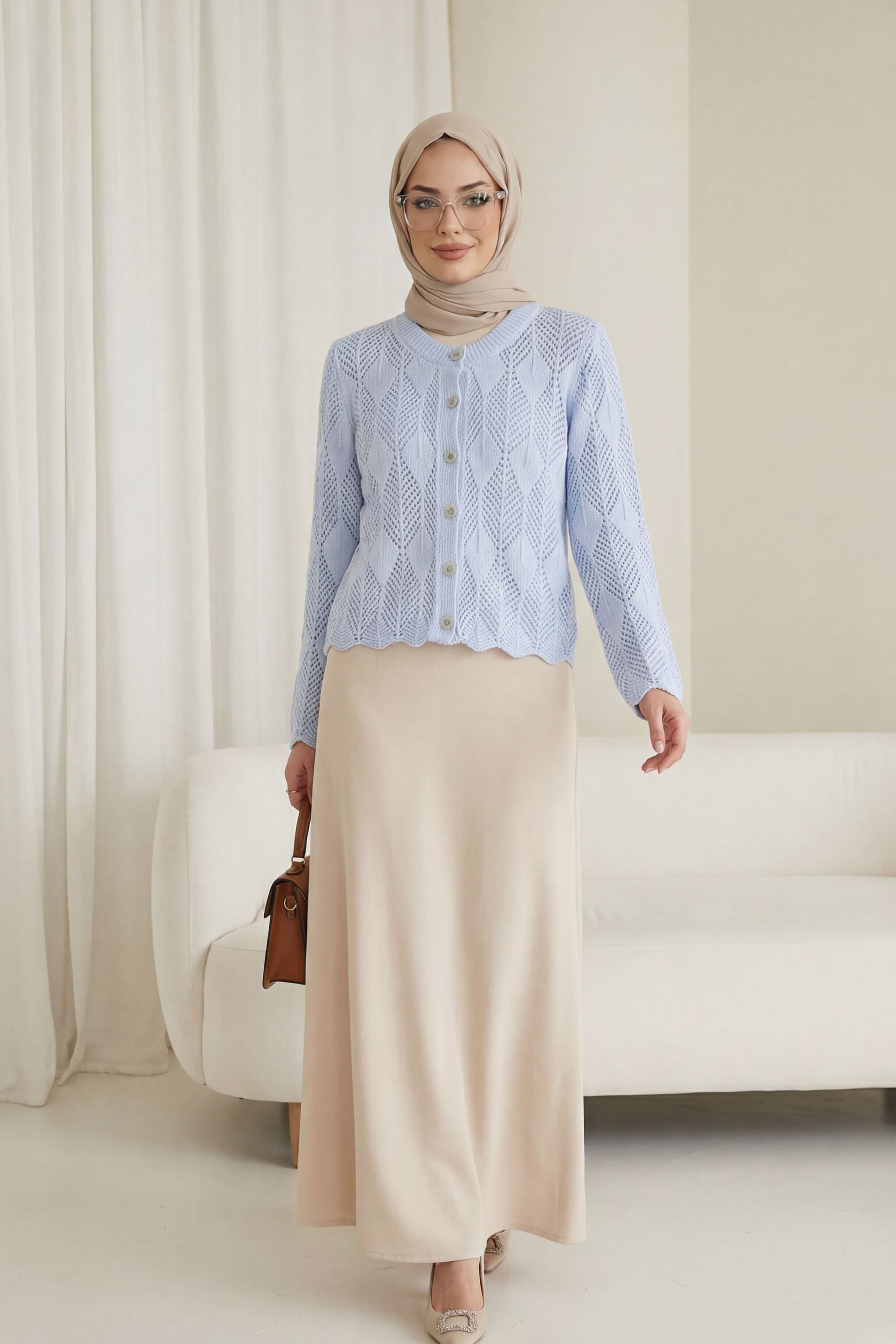 Leaf Pattern Open-Knit Cardigan - Ice Blue - Podyumplus - by Peralane - photo 3