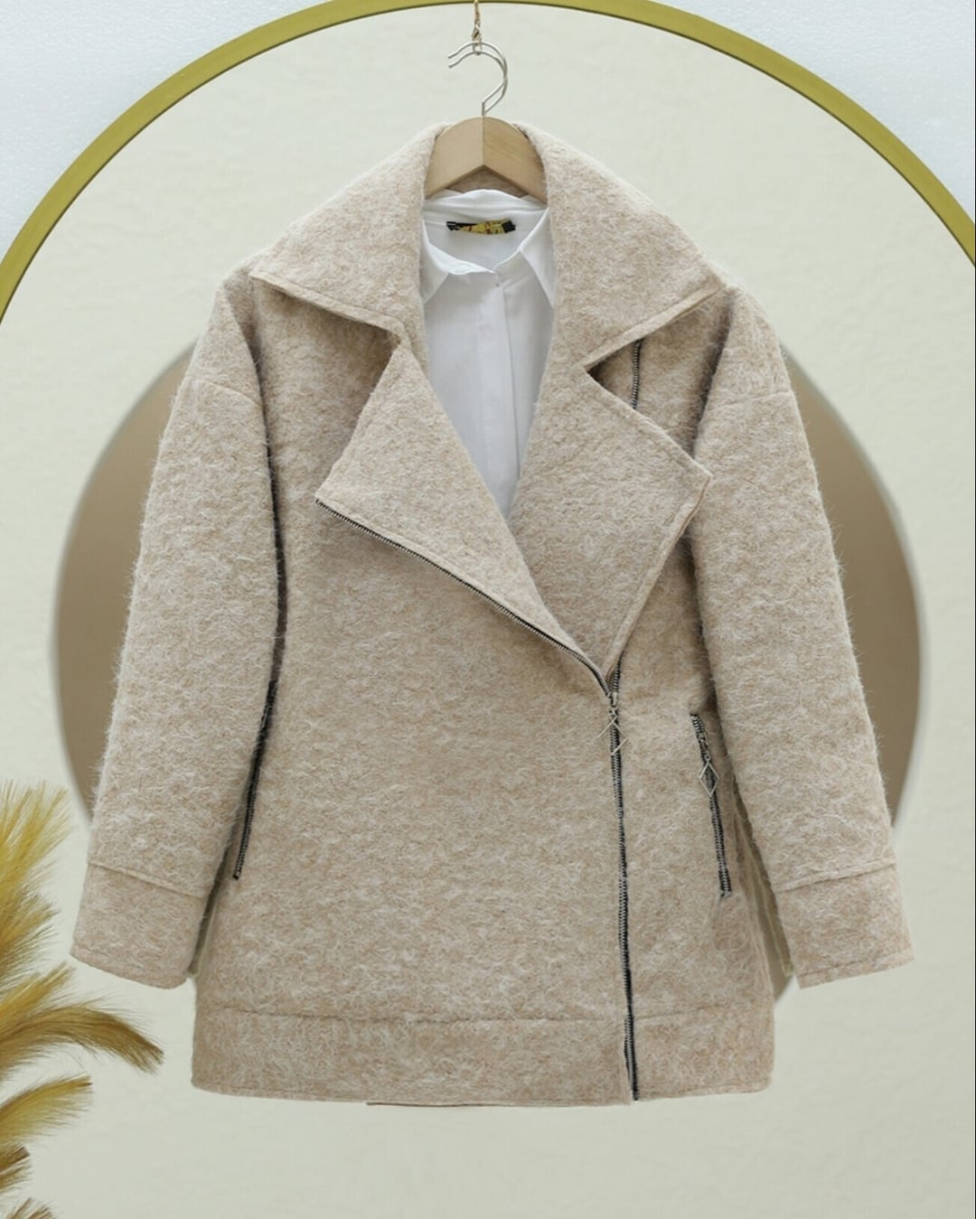 Beige Zip-Front Lined Boucle Jacket - Podyumplus - by Peralane - photo 2
